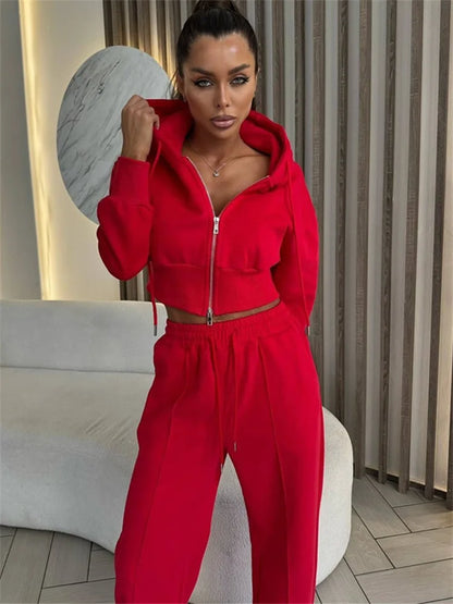 2025 Women's Cotton Hoodies Sweatshirt Two-piece Suit Casual Sports Sets High-waist Short Jacket Straight Trousers 2-piece Sets