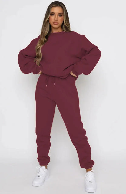 Women's Suit Fashionable Casual Loose Highly Elastic Sportswear Round Neck Solid Color Autumn Collection 2 Pieces Set For Woman