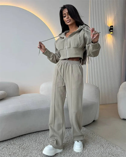 2025 Women's Cotton Hoodies Sweatshirt Two-piece Suit Casual Sports Sets High-waist Short Jacket Straight Trousers 2-piece Sets