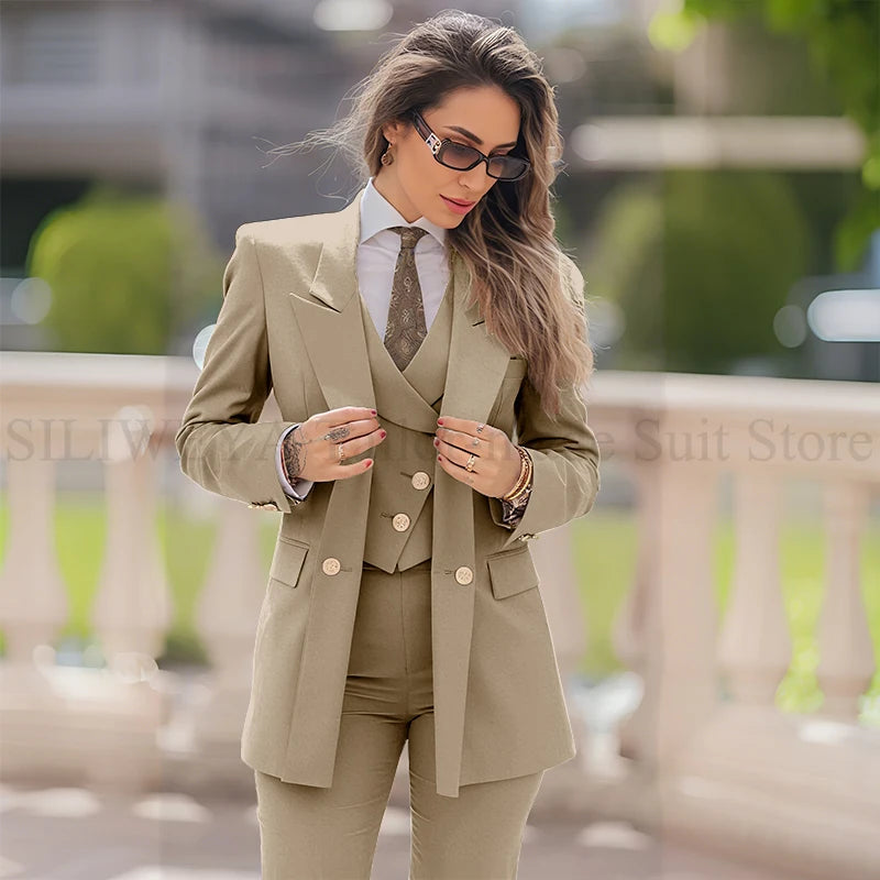 Elegant Women Suit 3 Piece Jacket Vest Pants Double Breasted Female Clothing Smart Formal Office Banquet Lady's Blazers Sets