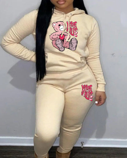 Women's Hoodies Sets Pants Suit 2 Piece Outfits 2025 New Letter Print Bear Aesthetics Sweatshirt and Sweatpants Womens Tracksuit