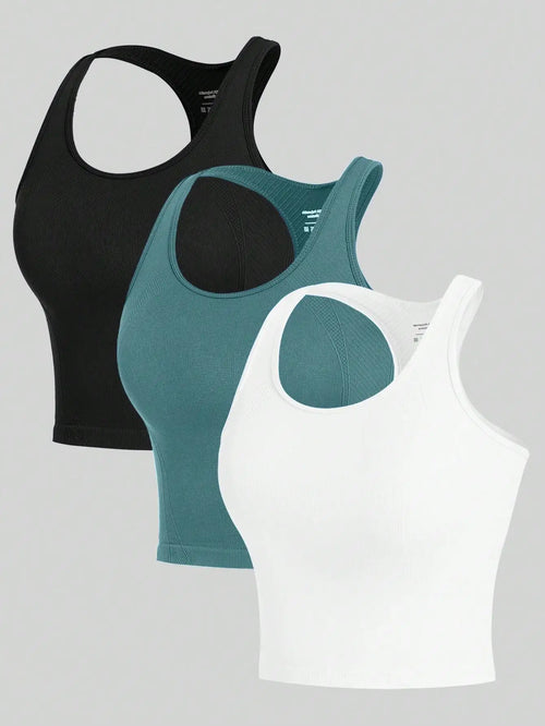 3 Piece Yoga Vest Women Gym Sports Racerback Crop Tops Seamless
