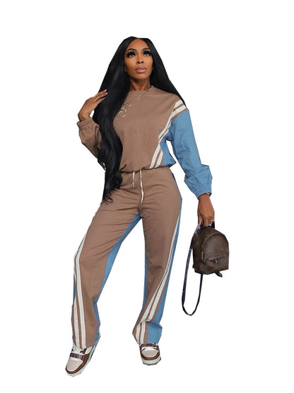 Sweatsuits for Woman 2025 Fall Sports Fashion Color Block Stripe Full Sleeve Sweatshirt and Drawstring Long Pants 2 Piece Sets