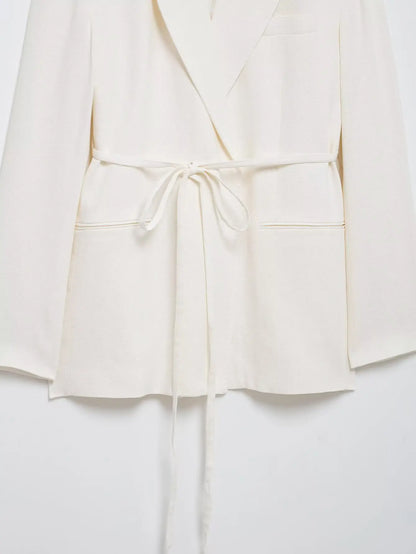 HH Women Spring Fashion Suits White Turn-Down Collar Long Sleeves Lace-Up Blazers+High Waist Zipper Long Pants Female Sets