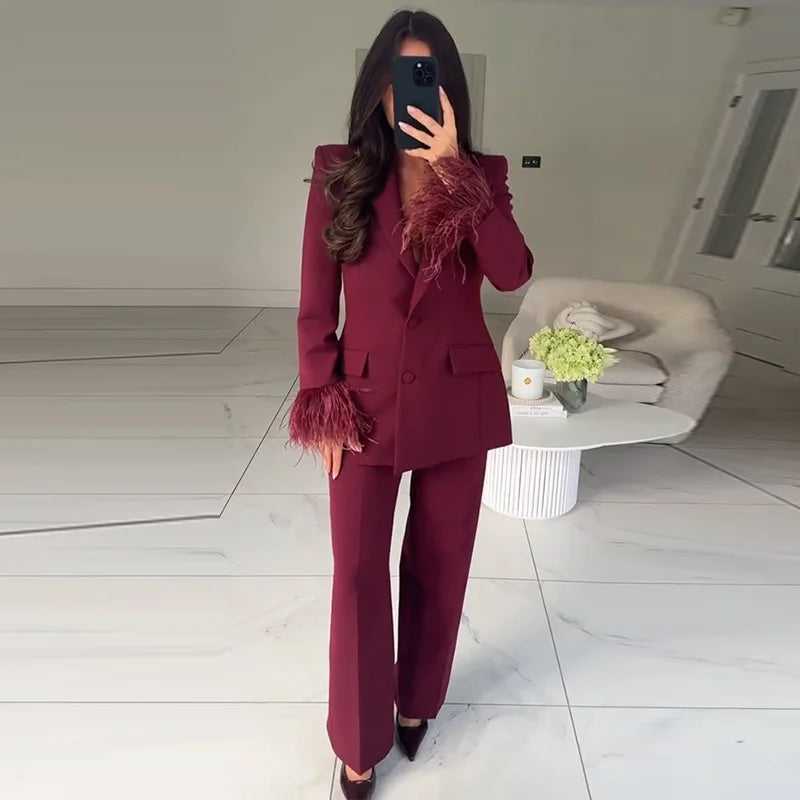 Women's Feather Suit Blazer Pants Set Lapel Shoulder Pads Full Sleeve Jackets Pockets Straight Pant 2025 Autumn Lady Suit Street