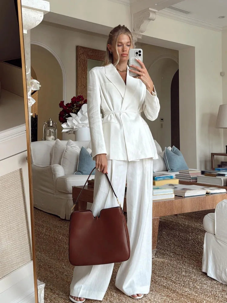 HH Women Spring Fashion Suits White Turn-Down Collar Long Sleeves Lace-Up Blazers+High Waist Zipper Long Pants Female Sets