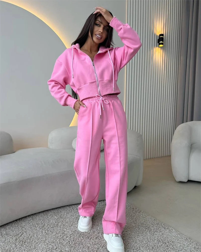 2025 Women's Cotton Hoodies Sweatshirt Two-piece Suit Casual Sports Sets High-waist Short Jacket Straight Trousers 2-piece Sets