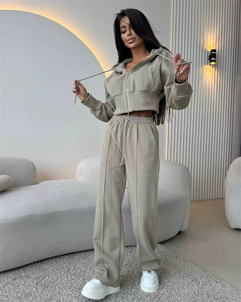 2025 Women's Cotton Hoodies Sweatshirt Two-piece Suit Casual Sports Sets High-waist Short Jacket Straight Trousers 2-piece Sets