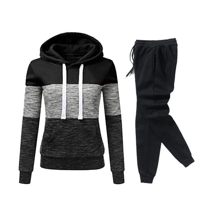 2024 Womens Outfits High Quality Color Block Hooded Sweatshirt Black Sweatpants Trend Jogging Hot Sales Sport Casual Tracksuit