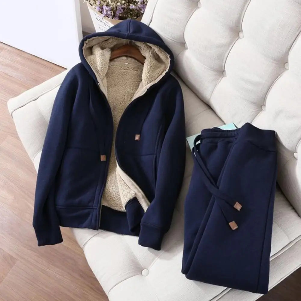 Women's Sweatshirt Pants Suit Autumn and Winter Warm Long-sleeved Fleece Thick Hoodie Coat Jogger Pants Sportswear Two-piece Set