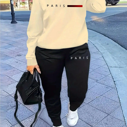Women's autumn and winter hip-hop casual street fashion Paris letter printed round neck sports shirt+sports pants warm suit
