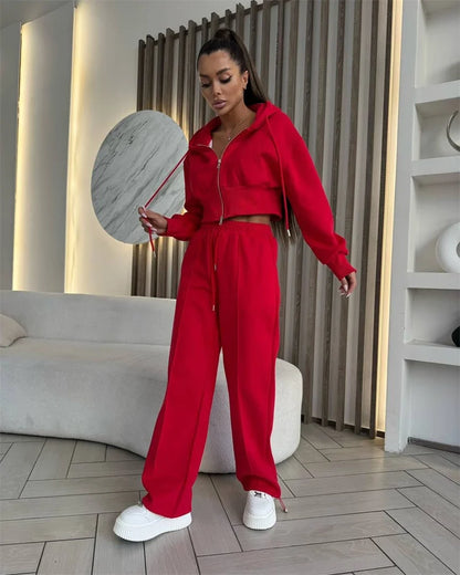 2025 Women's Cotton Hoodies Sweatshirt Two-piece Suit Casual Sports Sets High-waist Short Jacket Straight Trousers 2-piece Sets