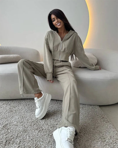 2025 Women's Cotton Hoodies Sweatshirt Two-piece Suit Casual Sports Sets High-waist Short Jacket Straight Trousers 2-piece Sets