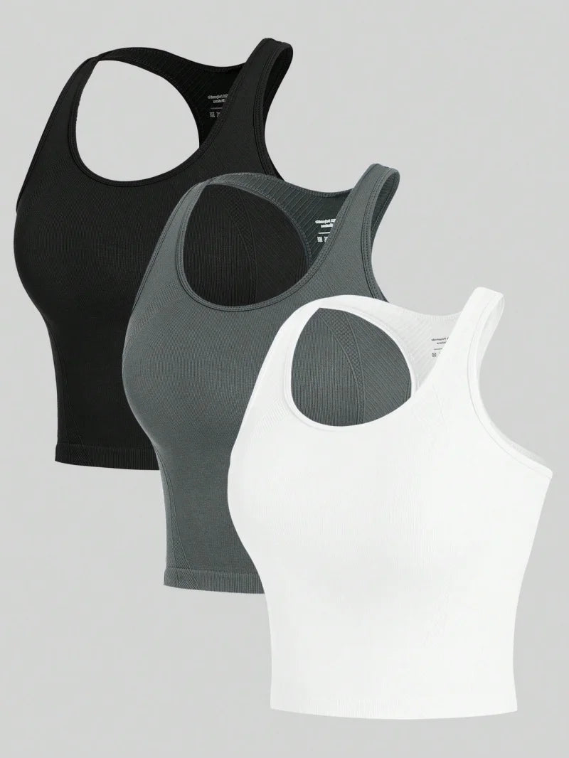 3 Piece Yoga Vest Women Gym Sports Racerback Crop Tops Seamless