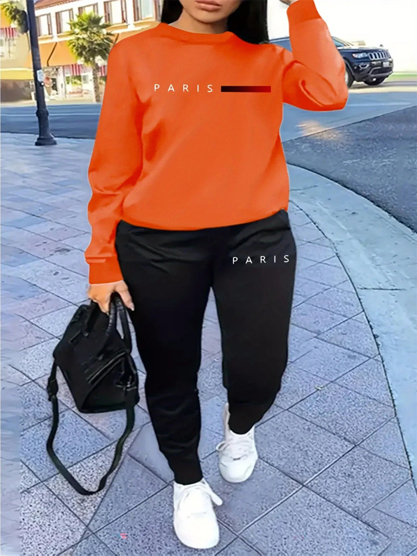 Women's autumn and winter hip-hop casual street fashion Paris letter printed round neck sports shirt+sports pants warm suit