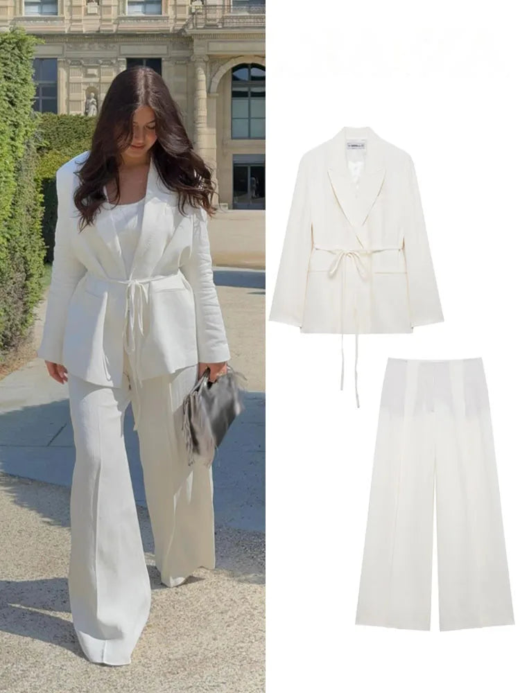 HH Women Spring Fashion Suits White Turn-Down Collar Long Sleeves Lace-Up Blazers+High Waist Zipper Long Pants Female Sets