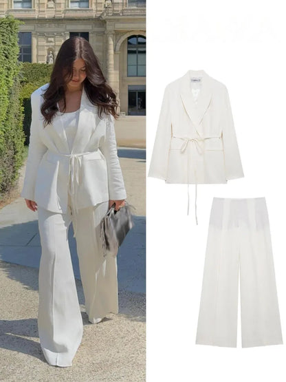 HH Women Spring Fashion Suits White Turn-Down Collar Long Sleeves Lace-Up Blazers+High Waist Zipper Long Pants Female Sets