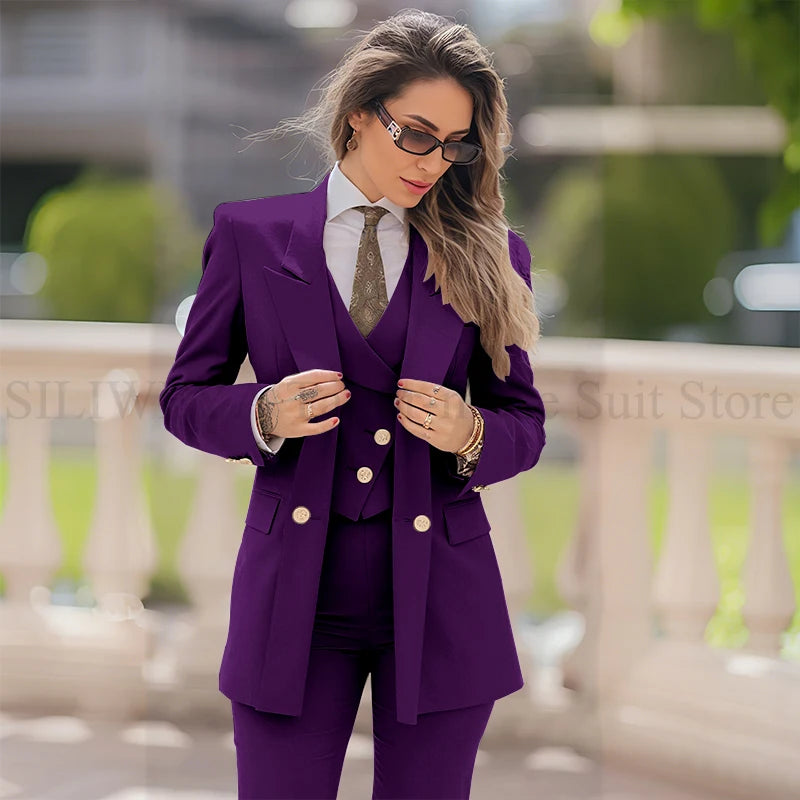 Elegant Women Suit 3 Piece Jacket Vest Pants Double Breasted Female Clothing Smart Formal Office Banquet Lady's Blazers Sets