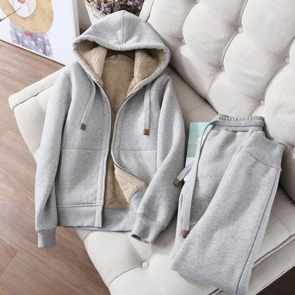 Women's Sweatshirt Pants Suit Autumn and Winter Warm Long-sleeved Fleece Thick Hoodie Coat Jogger Pants Sportswear Two-piece Set