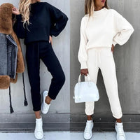 Autumn and Winter Women's Sweater High Collar Casual Pure Color Trousers Two-piece Set