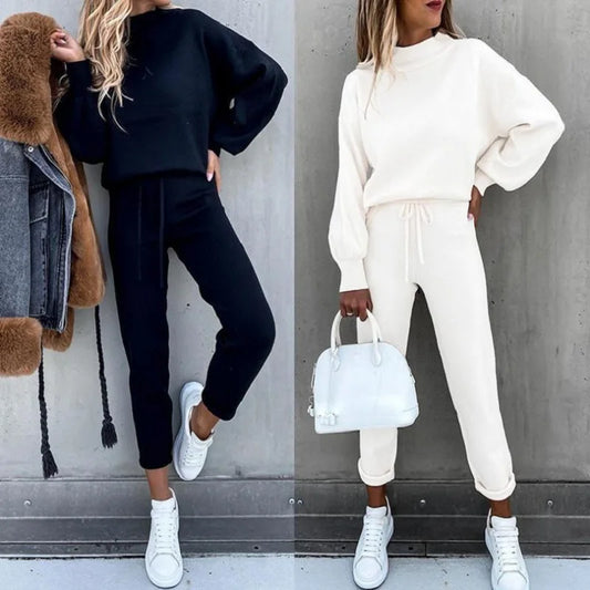 Autumn and Winter Women's Sweater High Collar Casual Pure Color Trousers Two-piece Set