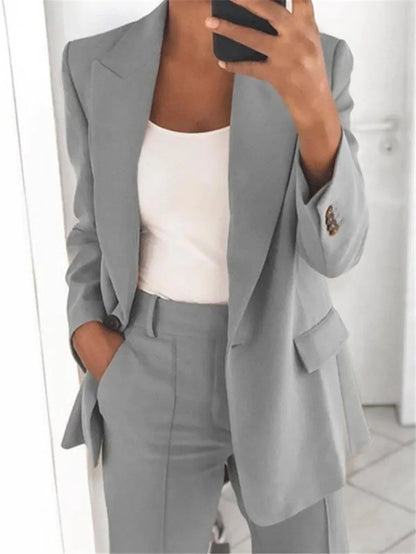 Women Suits 2 Pieces Set Fashion Lapels Single-button Coat Straight Leg Slim Pants Elegant Commuter Casuals Outfit Available 5XL