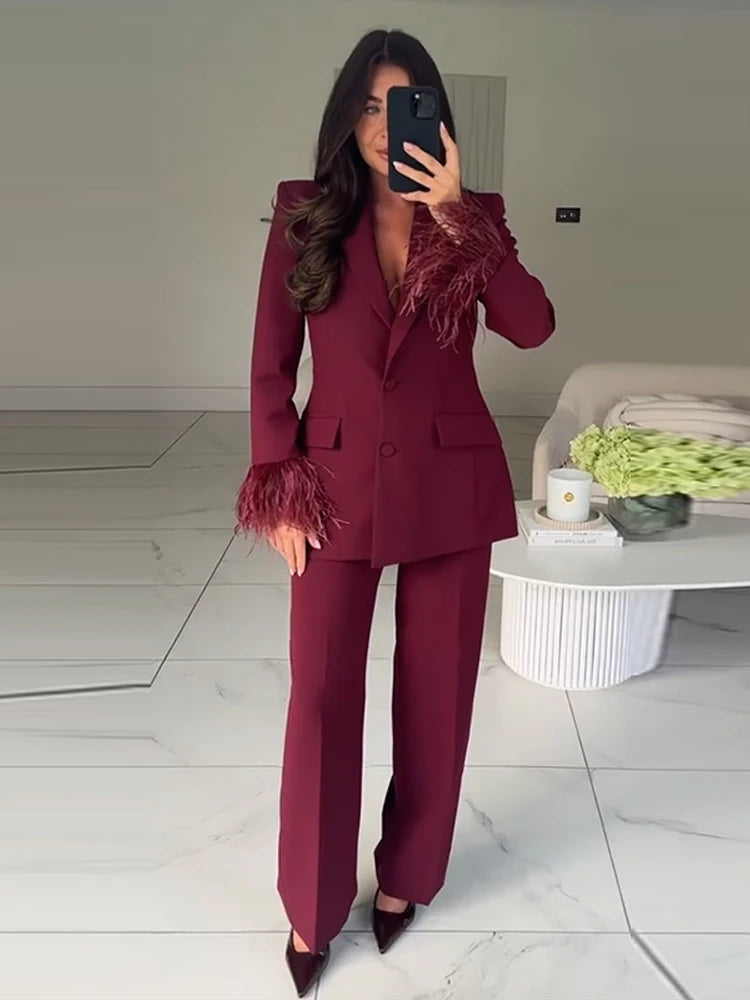 Women's Feather Suit Blazer Pants Set Lapel Shoulder Pads Full Sleeve Jackets Pockets Straight Pant 2025 Autumn Lady Suit Street