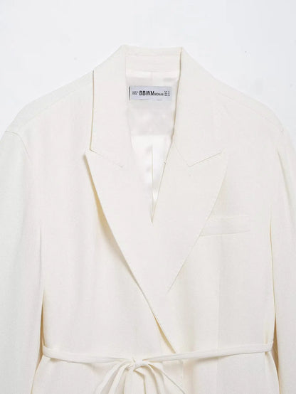 HH Women Spring Fashion Suits White Turn-Down Collar Long Sleeves Lace-Up Blazers+High Waist Zipper Long Pants Female Sets