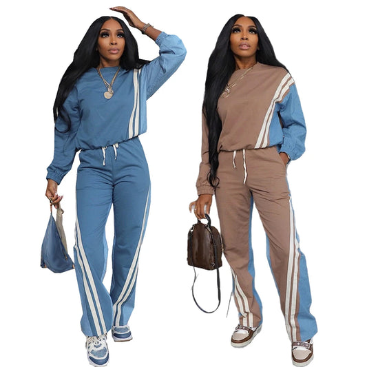 Sweatsuits for Woman 2025 Fall Sports Fashion Color Block Stripe Full Sleeve Sweatshirt and Drawstring Long Pants 2 Piece Sets