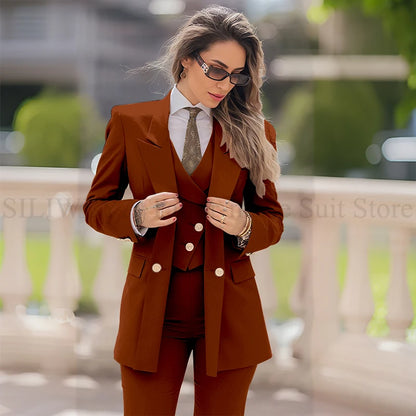 Elegant Women Suit 3 Piece Jacket Vest Pants Double Breasted Female Clothing Smart Formal Office Banquet Lady's Blazers Sets