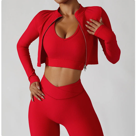Women's 3 Piece Yoga Set  Sports Jacket Bra Legging Workout Gym Push