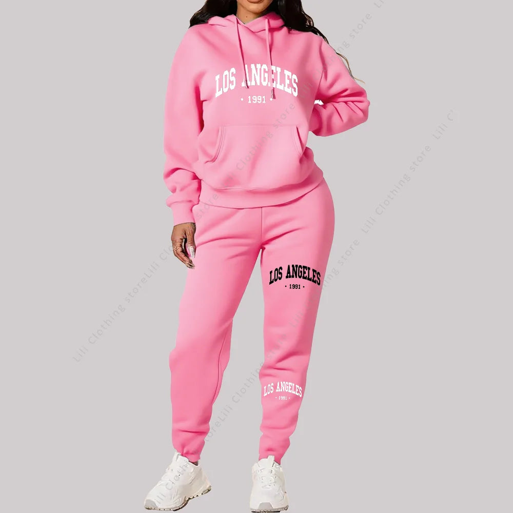 Women Sets Hoodies Pants 2 Piece Outfits Aesthetic Sportswear Sweatsuit Los Angeles Letter Print Suit Ladies Tracksuit Plus Size