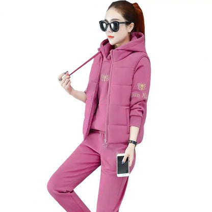 2024 Autumn Winter New Women's Casual Sweat Suit Fashion Plush Thickened Hooded Tops Waistcoat Pants 3 Three Piece Set For Women