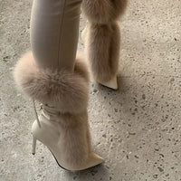 Pointed Toe Fur Mid Calf Boots Stiletto Heels Ankle Straps Fashion