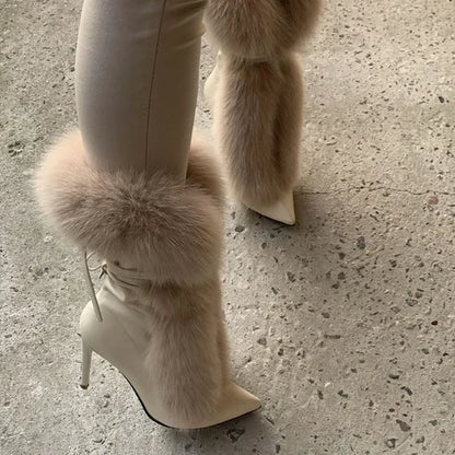 Pointed Toe Fur Mid Calf Boots Stiletto Heels Ankle Straps Fashion