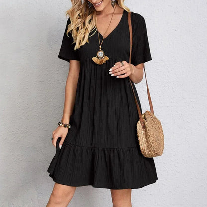 2025 Loose V-neck Short Sleeved Pleated Women Dress Solid Color A-line