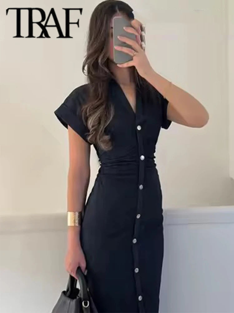 TRAF Pleated Single Breasted Denim Dress Women Fashion Short Sleeve