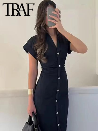 TRAF Pleated Single Breasted Denim Dress Women Fashion Short Sleeve