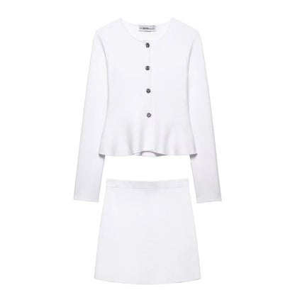Women's Fashion Elegant Skirt Suit Round Neck Long Sleeve Knitted Sweater Top Elastic Waist Mini Skirt Female Spring Summer New