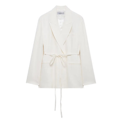 HH Women Spring Fashion Suits White Turn-Down Collar Long Sleeves Lace-Up Blazers+High Waist Zipper Long Pants Female Sets