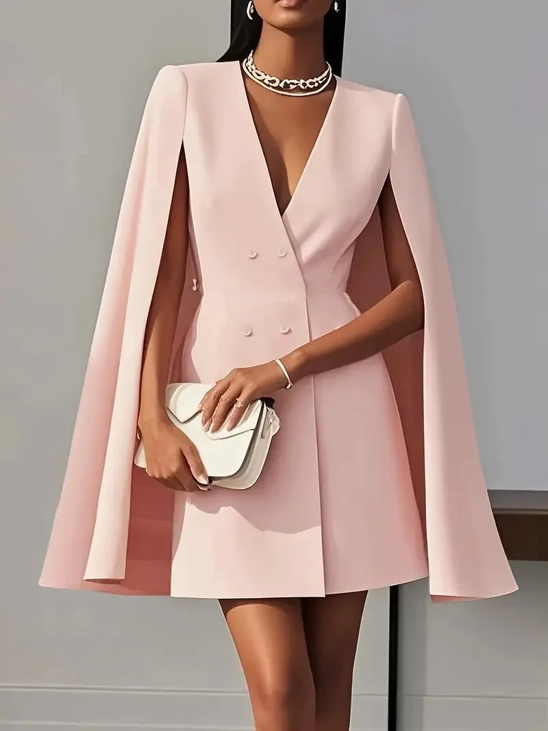 Women's suit dress for autumn office wear, double-breasted cape-like cloak, solid color V-neck suit jacket