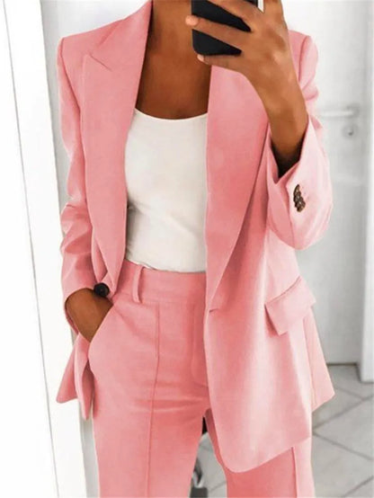 Women Suits 2 Pieces Set Fashion Lapels Single-button Coat Straight Leg Slim Pants Elegant Commuter Casuals Outfit Available 5XL