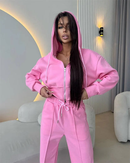 2025 Women's Cotton Hoodies Sweatshirt Two-piece Suit Casual Sports Sets High-waist Short Jacket Straight Trousers 2-piece Sets