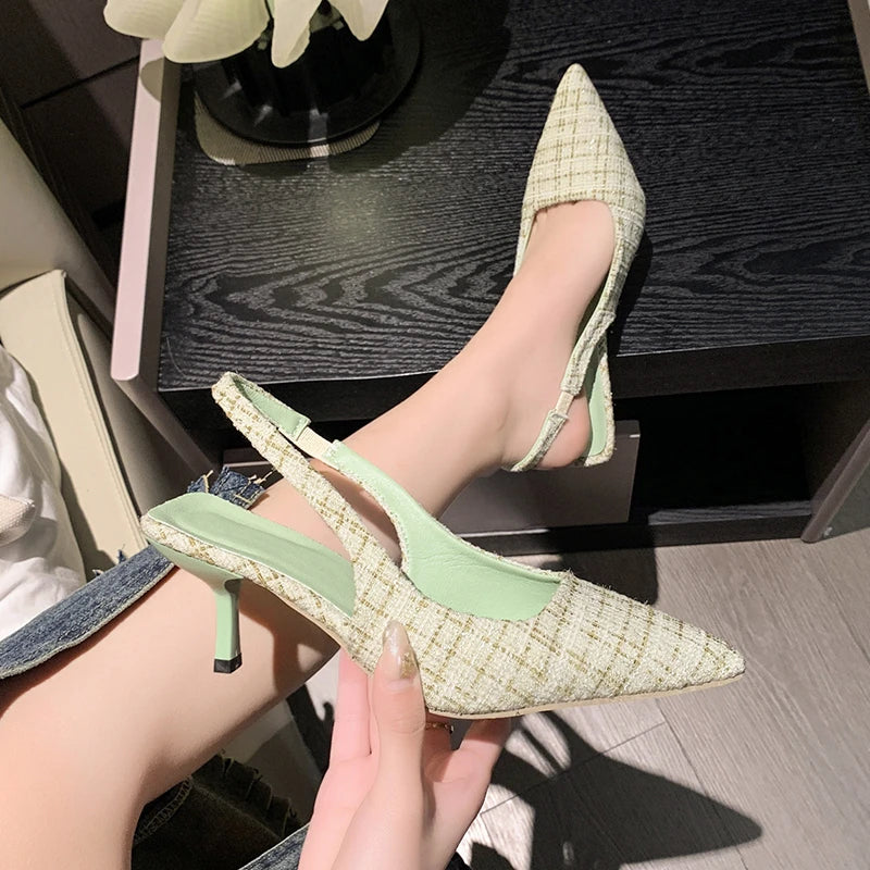 Brand Designer Slingbacks High Heels Pumps Women Pointed Blue Pointed