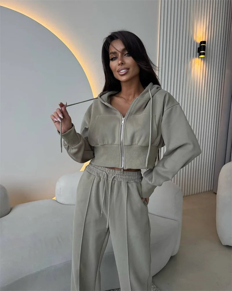 2025 Women's Cotton Hoodies Sweatshirt Two-piece Suit Casual Sports Sets High-waist Short Jacket Straight Trousers 2-piece Sets