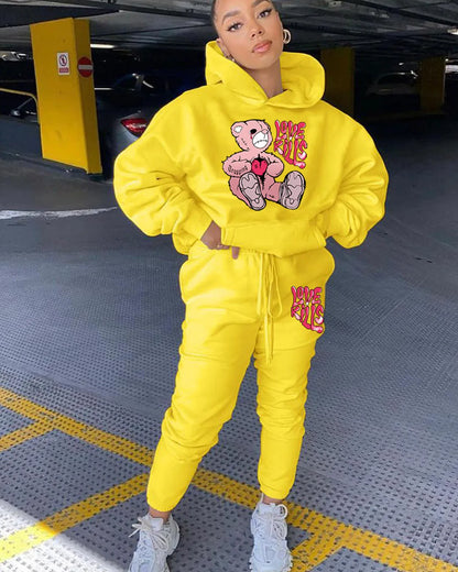 Women's Hoodies Sets Pants Suit 2 Piece Outfits 2025 New Letter Print Bear Aesthetics Sweatshirt and Sweatpants Womens Tracksuit