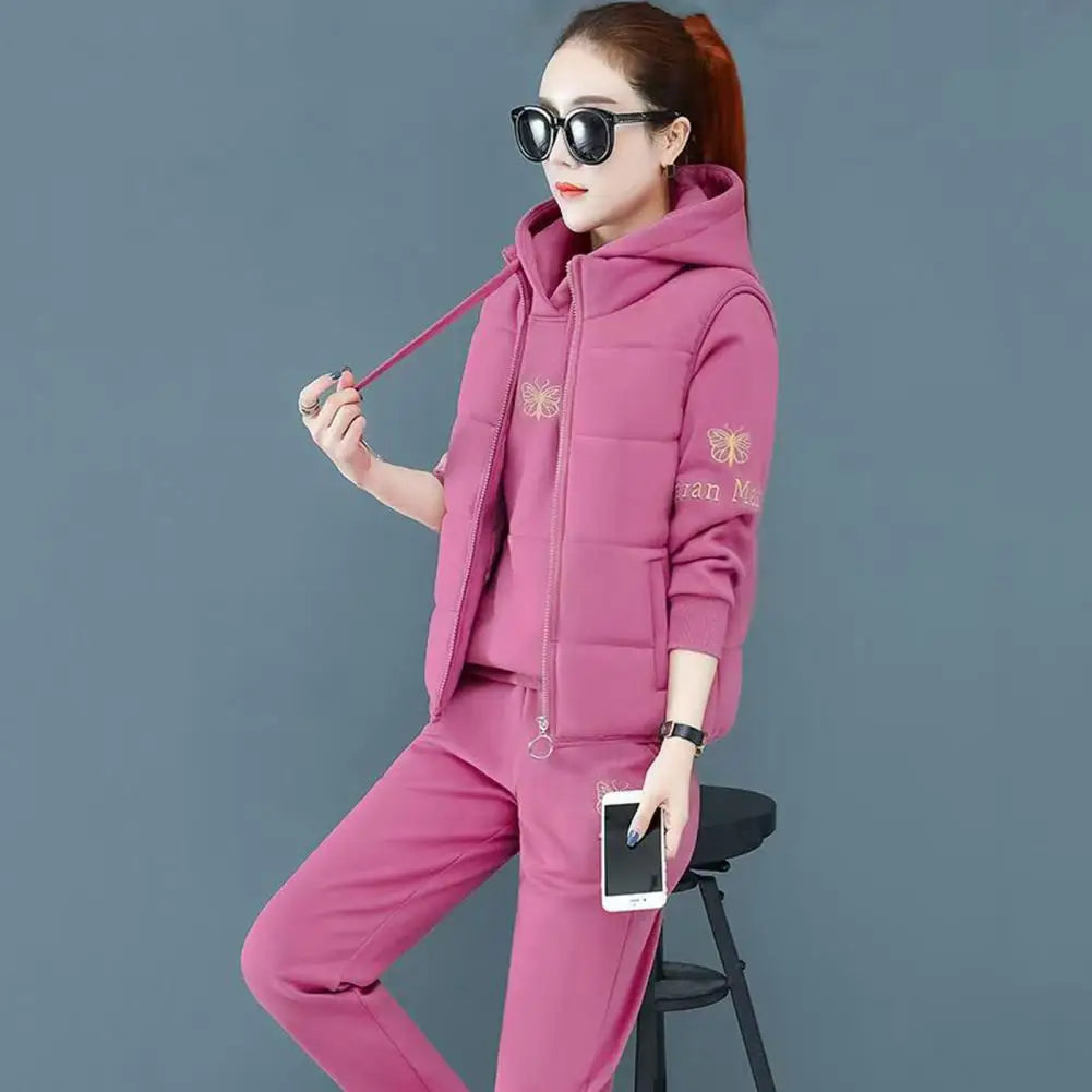 2024 Autumn Winter New Women's Casual Sweat Suit Fashion Plush Thickened Hooded Tops Waistcoat Pants 3 Three Piece Set For Women