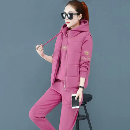 2024 Autumn Winter New Women's Casual Sweat Suit Fashion Plush Thickened Hooded Tops Waistcoat Pants 3 Three Piece Set For Women