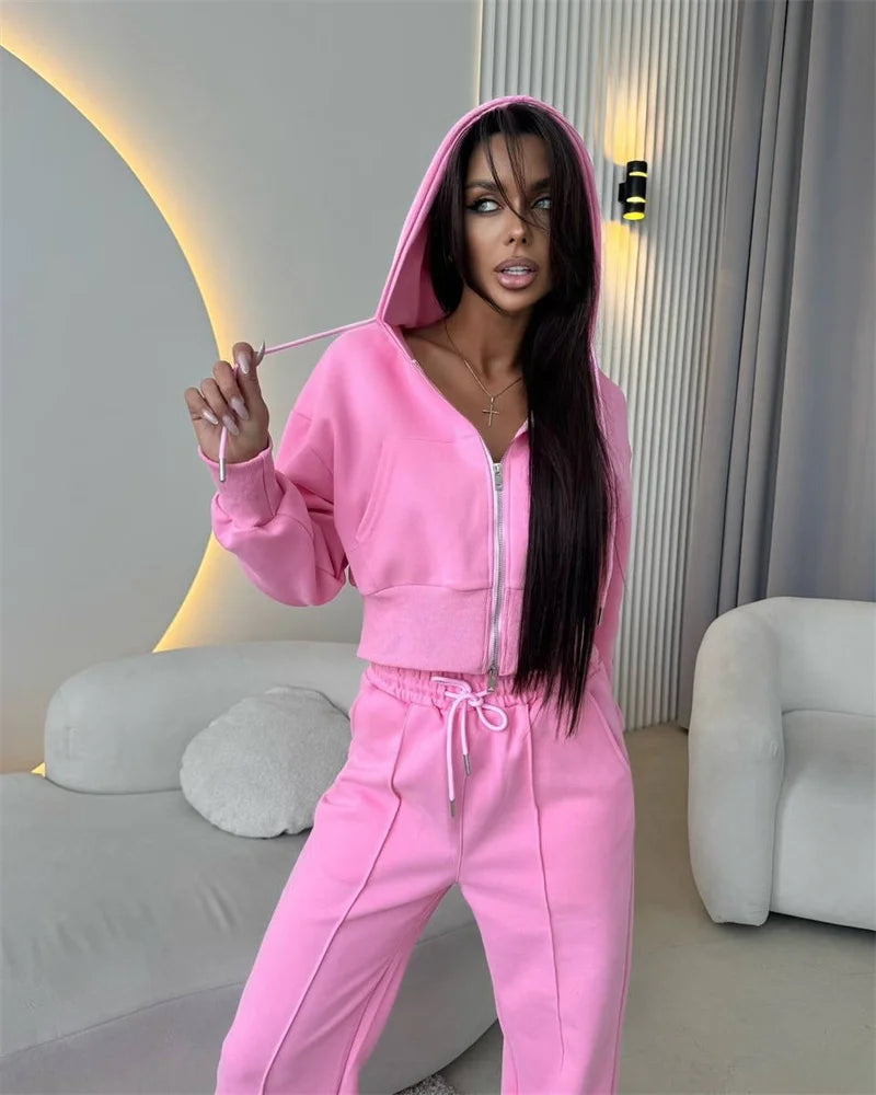 2025 Women's Cotton Hoodies Sweatshirt Two-piece Suit Casual Sports Sets High-waist Short Jacket Straight Trousers 2-piece Sets