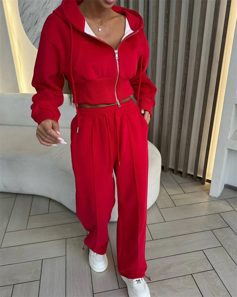 2025 Women's Cotton Hoodies Sweatshirt Two-piece Suit Casual Sports Sets High-waist Short Jacket Straight Trousers 2-piece Sets